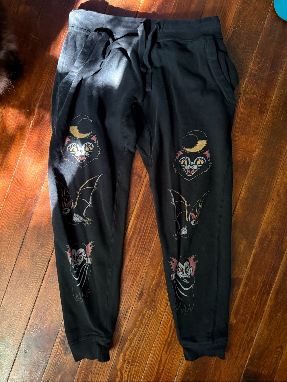 Black Graphic Track Joggers with Bat & Cat Motif